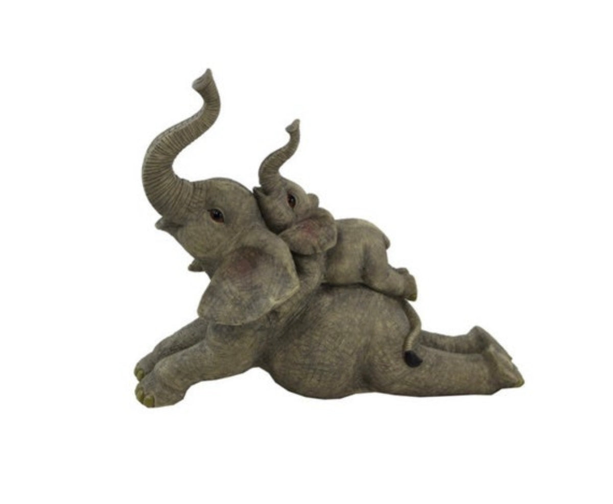 Elephant Mom &amp; Baby Playing On Her Back Figurine