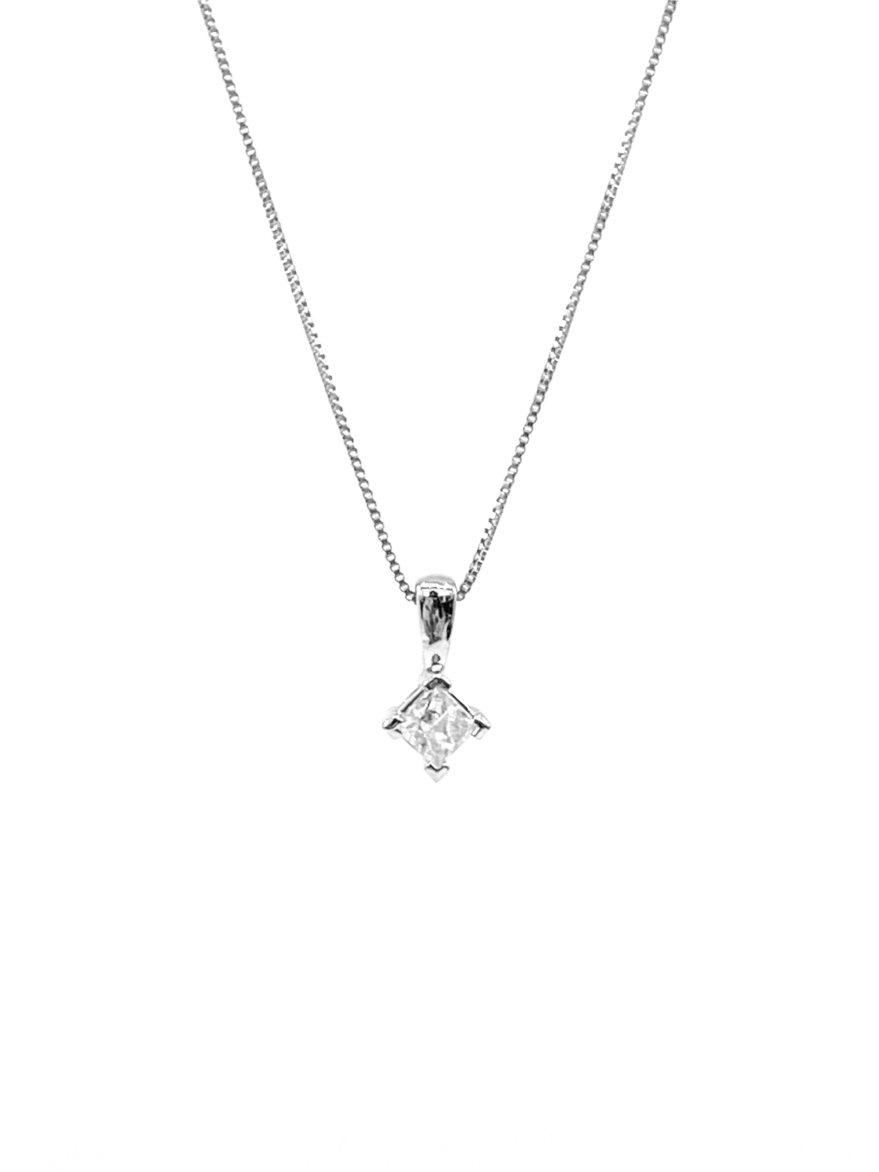 10K White Gold 0.123cttw Princess Cut Canadian Diamond Pendant, 18"