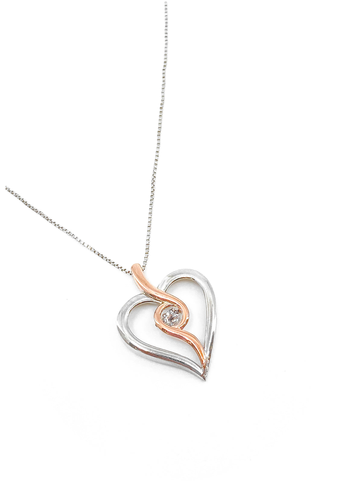 10K Rose Gold and Sterling Silver 0.12cttw Canadian Diamond Heart Necklace, 18&quot;