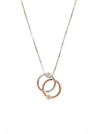 Colgante de doble círculo/eternidad/infinito con diamantes de 0,15 quilates en oro blanco y rosa de 10 quilates, 18"