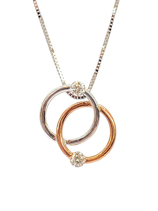 Colgante de doble círculo/eternidad/infinito con diamantes de 0,15 quilates en oro blanco y rosa de 10 quilates, 18"