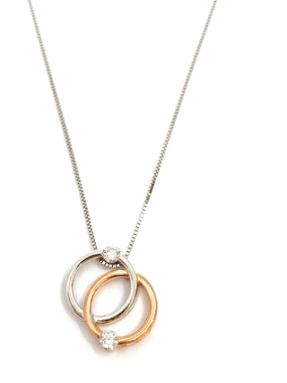 Colgante de doble círculo/eternidad/infinito con diamantes de 0,15 quilates en oro blanco y rosa de 10 quilates, 18"