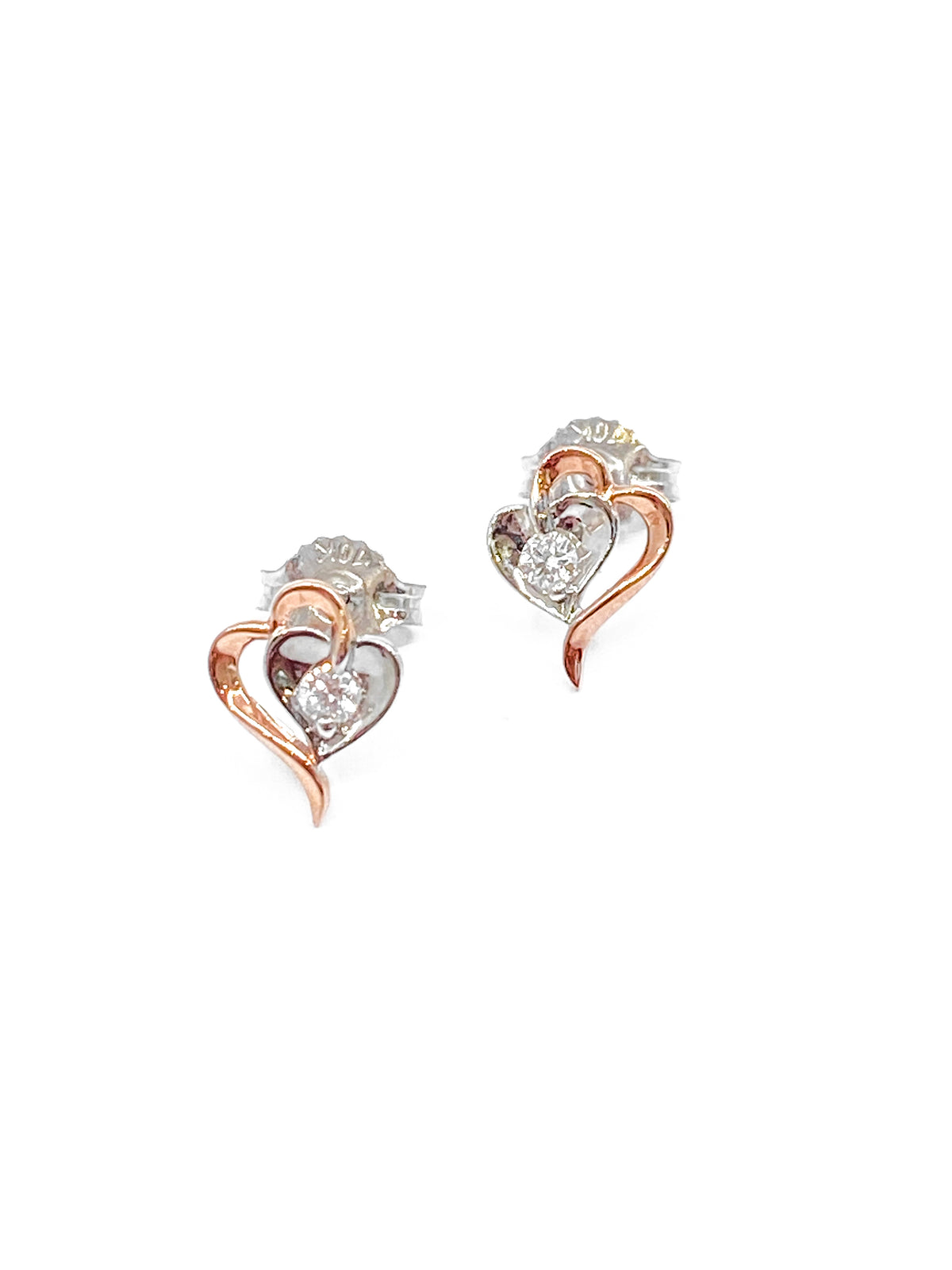 Pendientes de corazón de diamantes canadienses de talla redonda de 0,08 quilates en oro blanco y rosa de 10 quilates