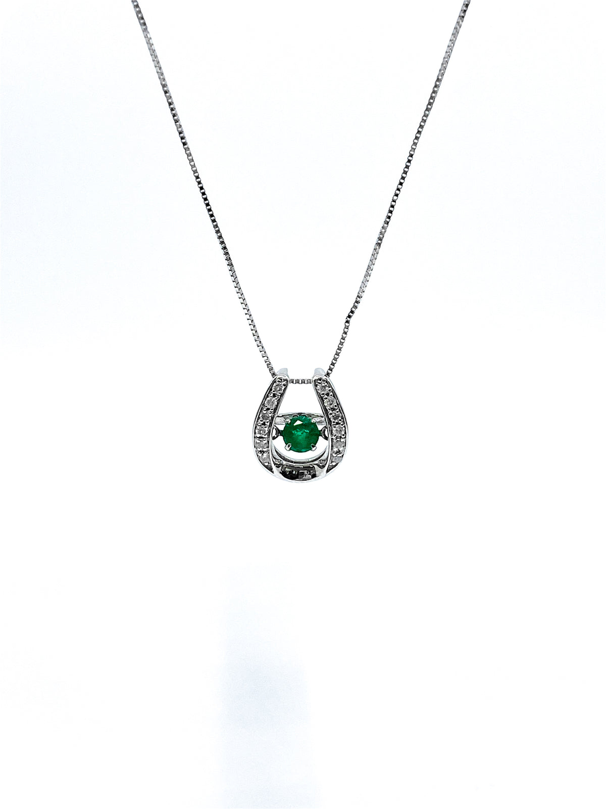 10K White Gold 0.15cttw Round Cut Genuine Emerald and0.07cttw Round Cut  Diamonds Necklace, 18”