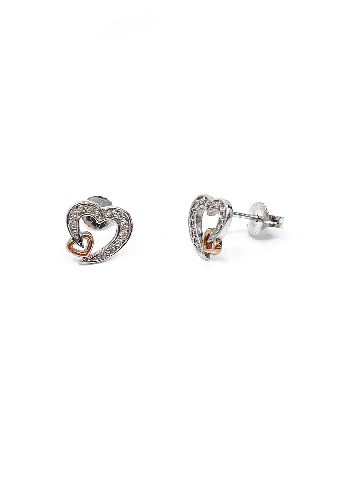 10K White &amp; Rose Gold 0.12cttw Diamond Heart Stud Earrings
