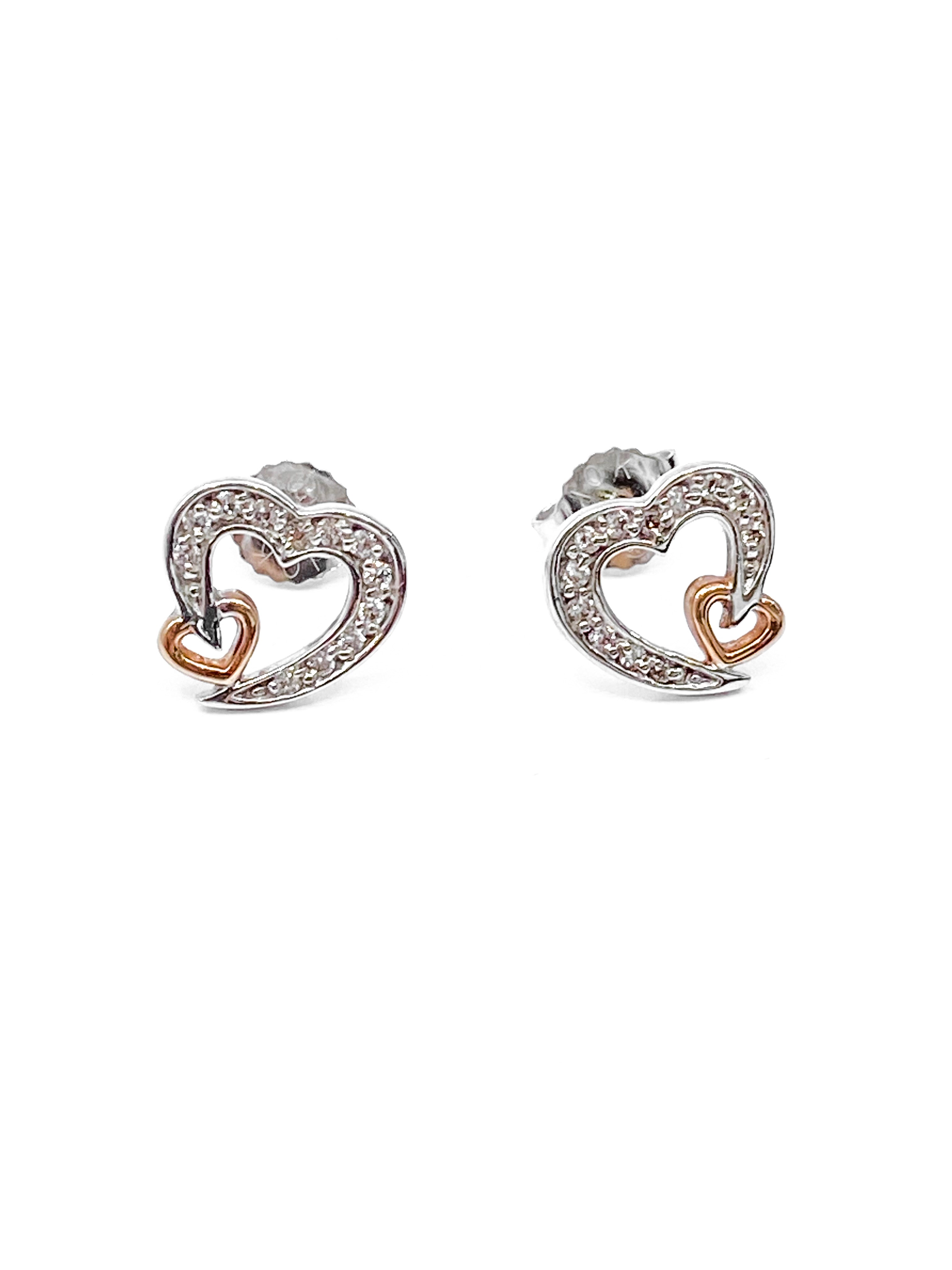 10K White & Rose Gold 0.12cttw Diamond Heart Stud Earrings