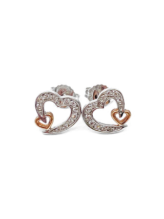 10K White & Rose Gold 0.12cttw Diamond Heart Stud Earrings