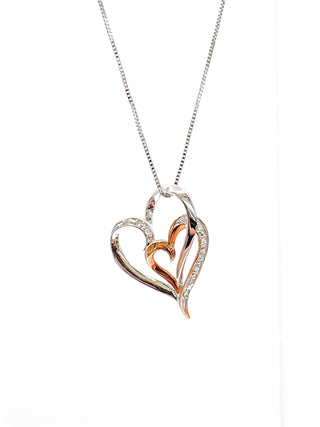 Colgante de doble corazón con diamantes de 0,035 quilates en oro blanco y rosa de 10 quilates, 18"