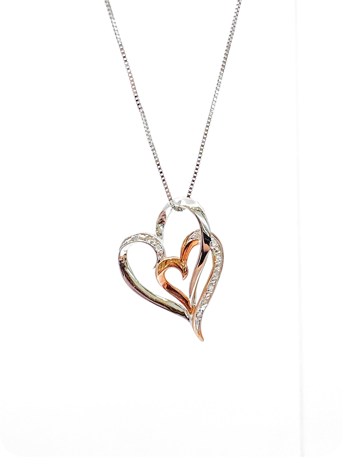 Colgante de doble corazón con diamantes de 0,035 quilates en oro blanco y rosa de 10 quilates, 18&quot;