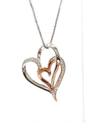 Colgante de doble corazón con diamantes de 0,035 quilates en oro blanco y rosa de 10 quilates, 18"