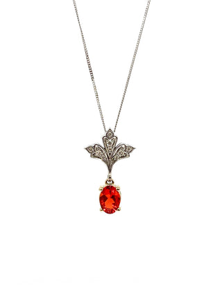 10K White & Yellow Gold 0.50cttw Genuine Fire Opal & 0.08cttw Diamond Pendant, 18"