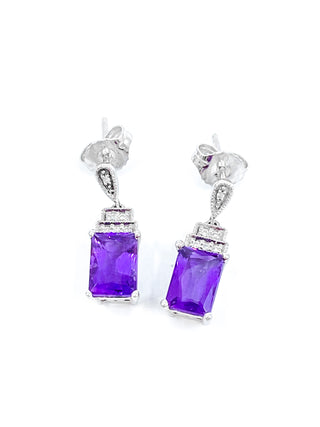 Pendientes colgantes o colgantes de oro blanco de 10 quilates con amatista de 1,80 quilates y diamantes de 0,03 quilates