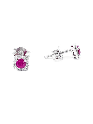 Aretes de oro blanco de 10 quilates con rubí genuino de 0,40 quilates y halo de diamantes de 0,12 quilates