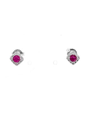Aretes de oro blanco de 10 quilates con rubí genuino de 0,40 quilates y halo de diamantes de 0,12 quilates