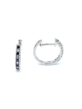 Pendientes tipo argolla con bisagras Huggie de oro blanco de 10 quilates, zafiro auténtico de 0,20 quilates y diamantes de 0,04 quilates
