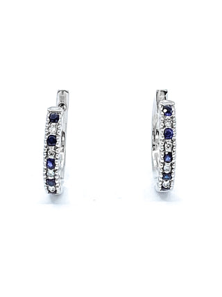 Pendientes tipo argolla con bisagras Huggie de oro blanco de 10 quilates, zafiro auténtico de 0,20 quilates y diamantes de 0,04 quilates
