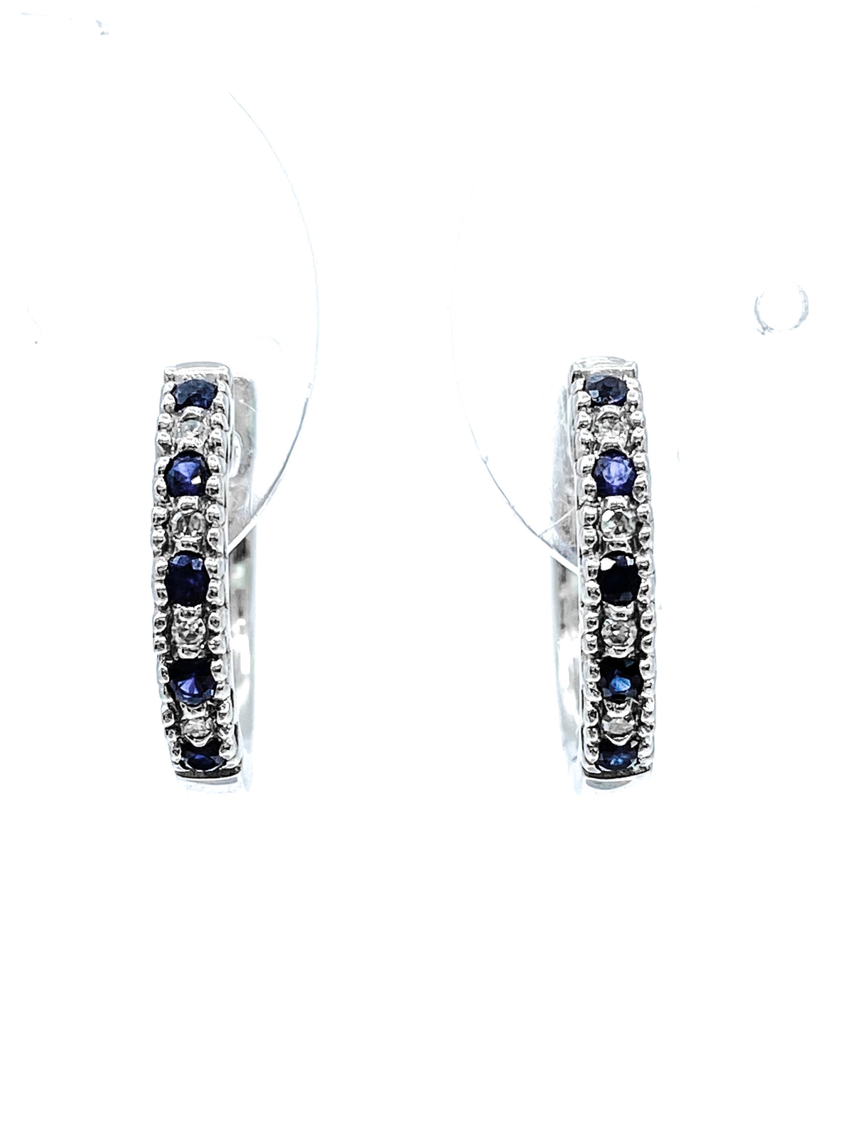 10K White Gold 0.20cttw Genuine Sapphire &amp; 0.04cttw Diamond  Hoop Huggie Hinged Earrings