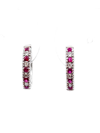10K White Gold 0.20cttw Genuine Ruby and 0.04cttw Diamond Hoop Huggie Hinged Earrings