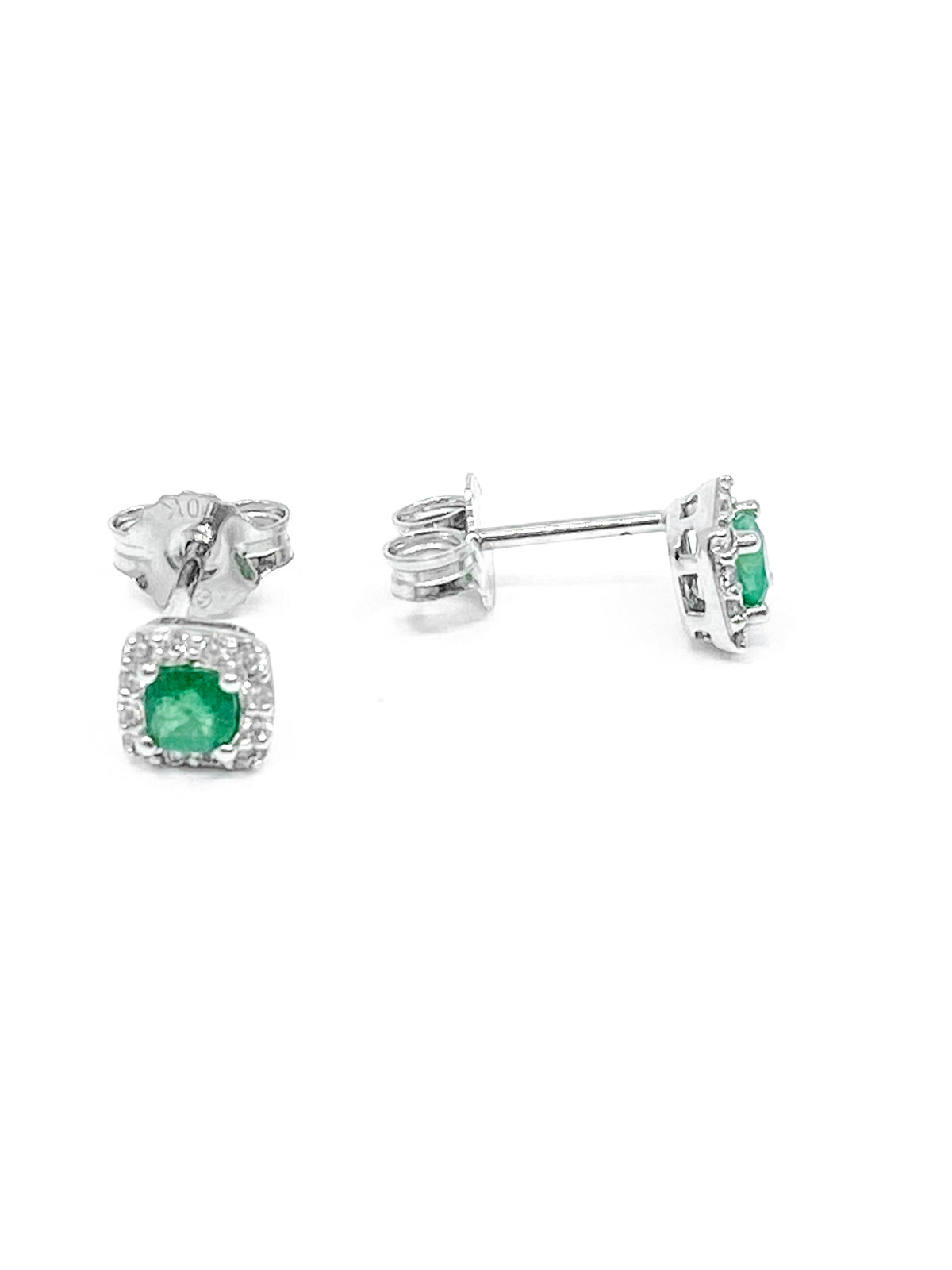 10K White Gold 0.30cttw Emerald &amp; 0.12cttw Diamond Halo Stud Earrings