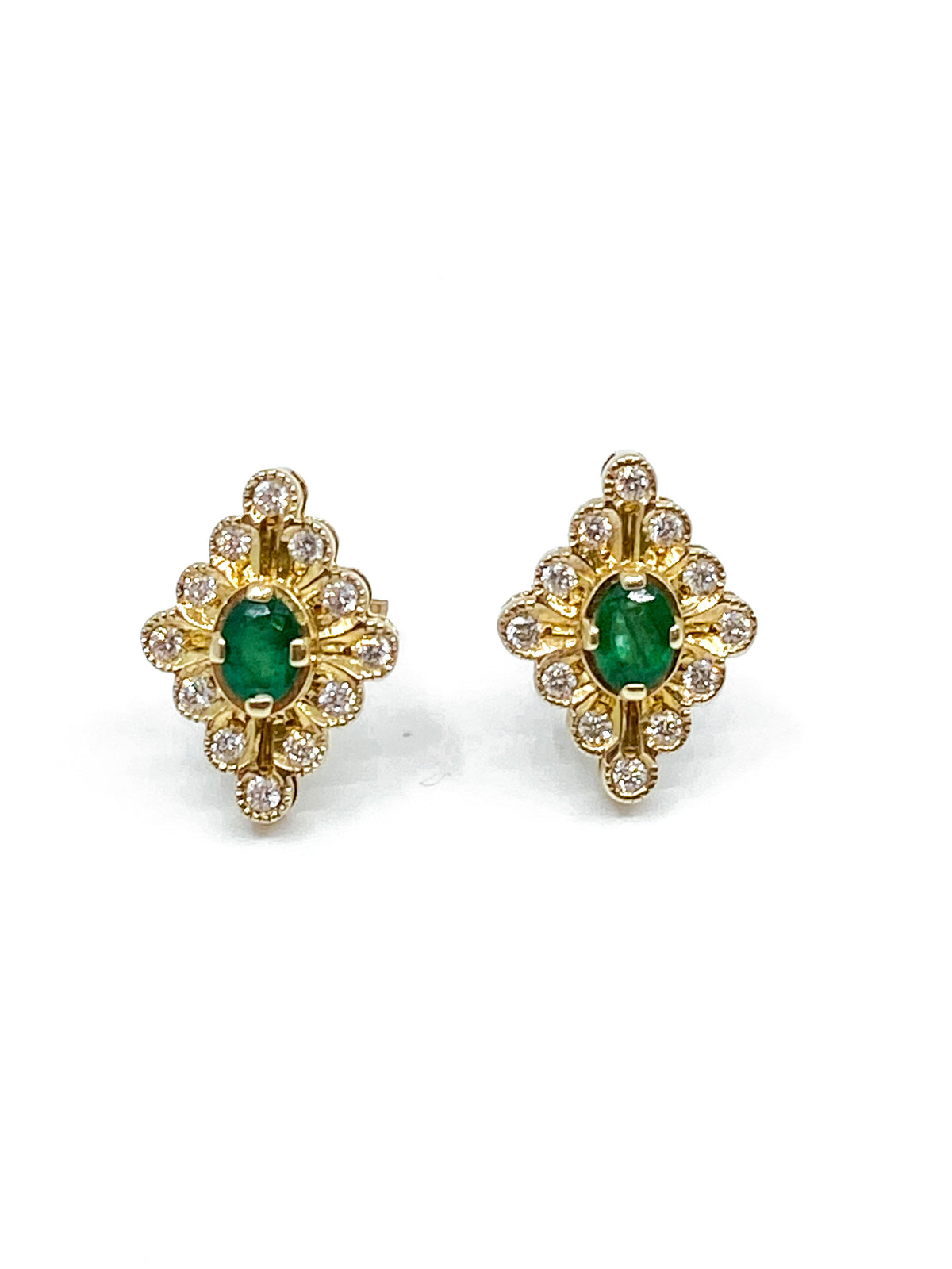 10K Yellow Gold 0.35cttw Emerald and 0.24cttw Diamond Halo Stud Earrings