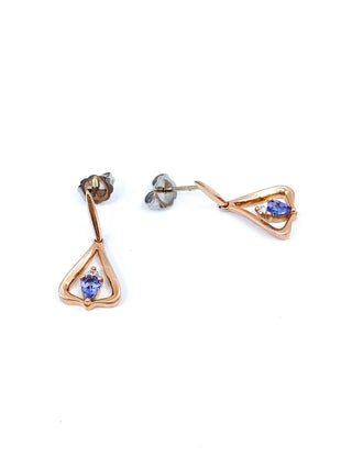 14K Rose Gold 0.32cttw Pear Cut Tanzanite & 0.048cttw Diamond Stud Dangle Drop Earrings