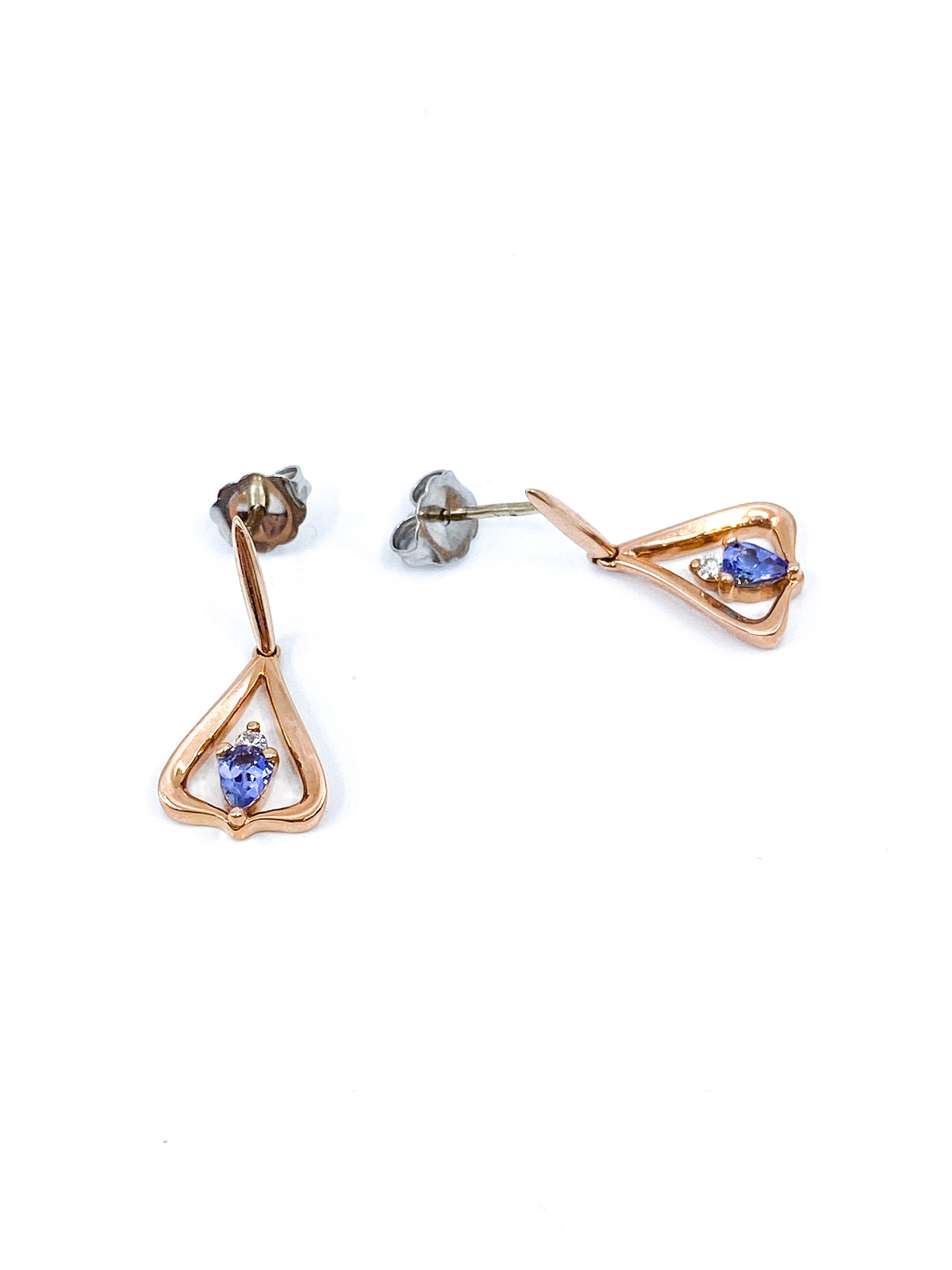 14K Rose Gold 0.32cttw Pear Cut Tanzanite &amp; 0.048cttw Diamond Stud Dangle Drop Earrings