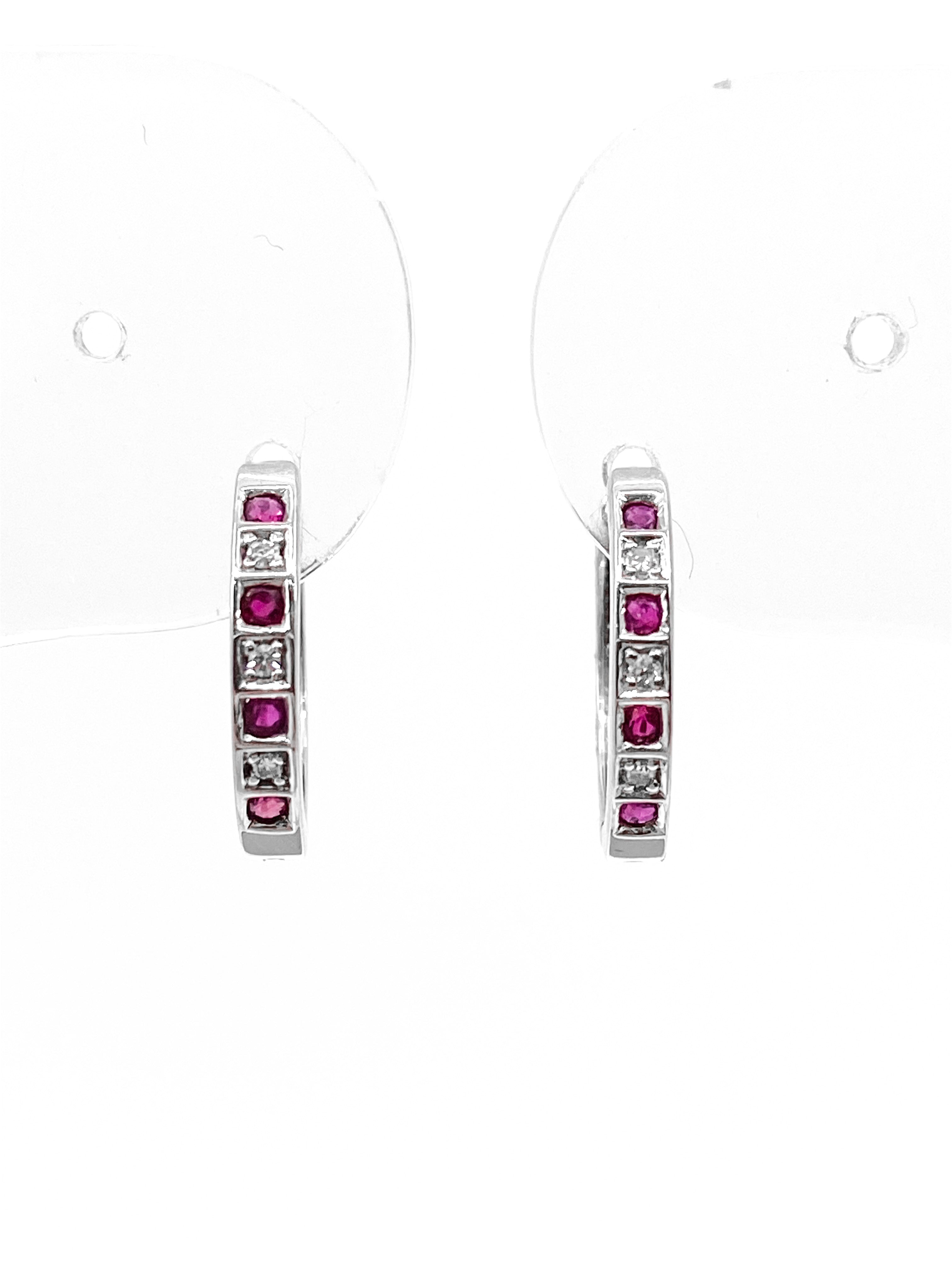 10K White Gold 0.16cttw Genuine Ruby & 0.03cttw Diamond Hoop Huggie Hinged Earrings