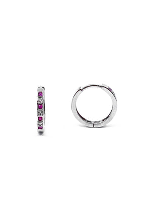 Pendientes tipo argolla con bisagras Huggie de oro blanco de 10 quilates, rubí auténtico de 0,16 quilates y diamantes de 0,03 quilates