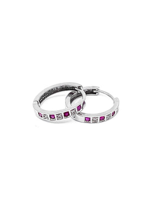 Pendientes tipo argolla con bisagras Huggie de oro blanco de 10 quilates, rubí auténtico de 0,16 quilates y diamantes de 0,03 quilates