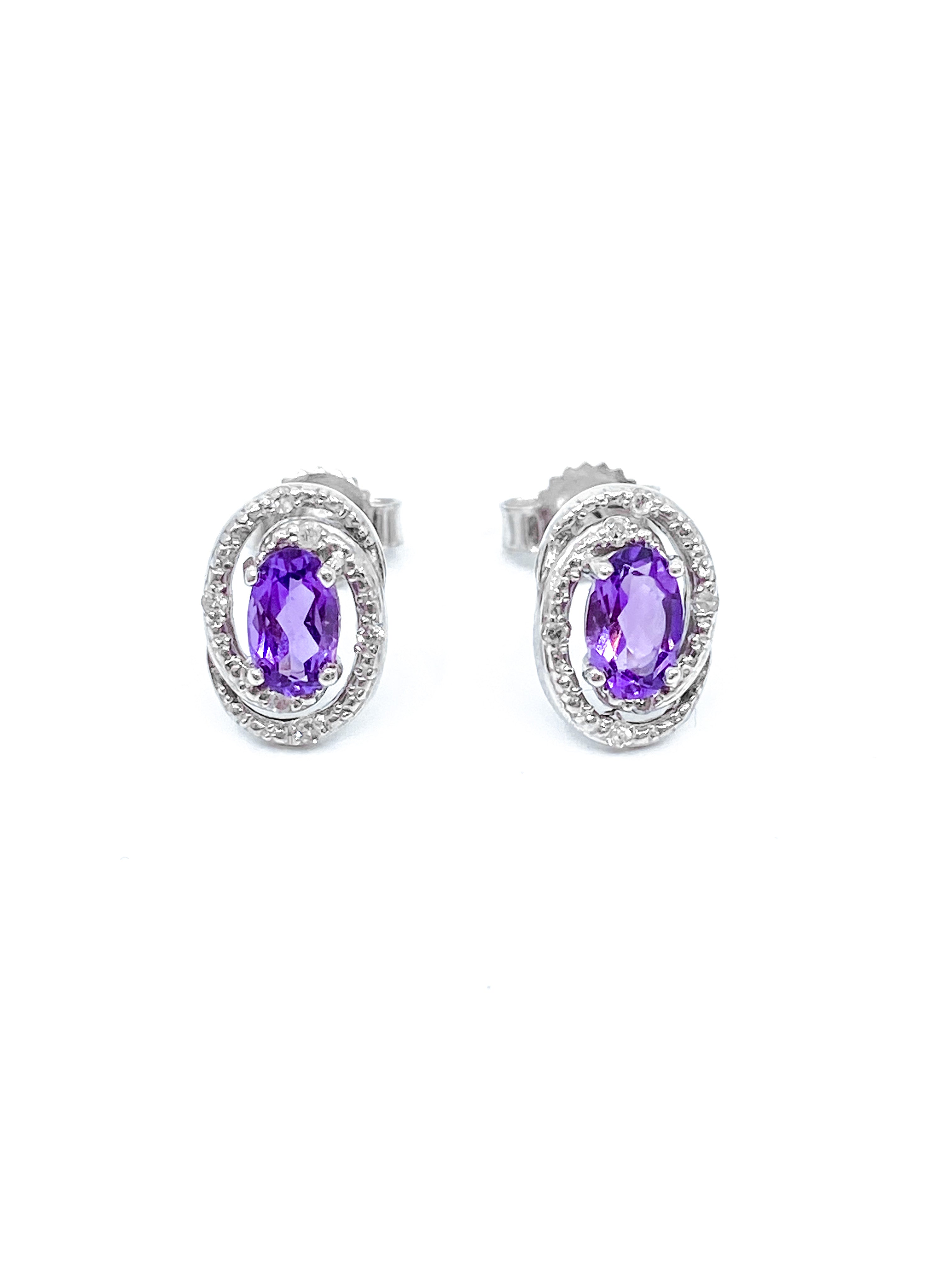 925 Sterling Silver Amethyst & Diamond Halo Stud Earrings