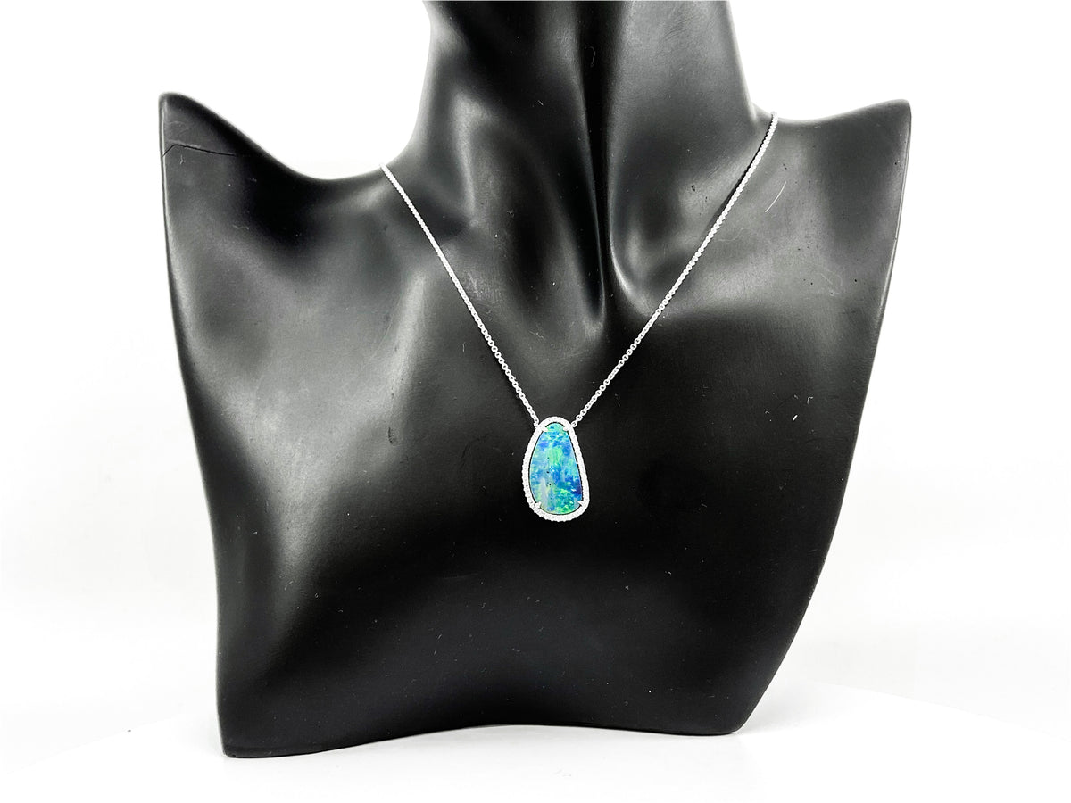 14K White Gold Custom Made 5.58cttw Boulder Opal and 0.24cttw Diamond Pendant - 18 Inches