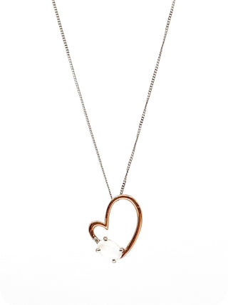 Colgante de corazón de oro rosa y blanco de 10 quilates con piedra lunar genuina de 0,60 quilates y diamante de 0,03 quilates, 18"