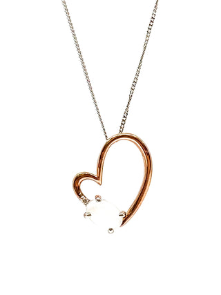 Colgante de corazón de oro rosa y blanco de 10 quilates con piedra lunar genuina de 0,60 quilates y diamante de 0,03 quilates, 18"