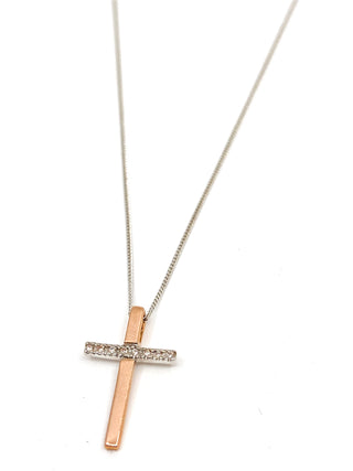 Colgante de cruz de diamantes de 0,02 quilates en oro blanco y rosa de 10 quilates, 18"