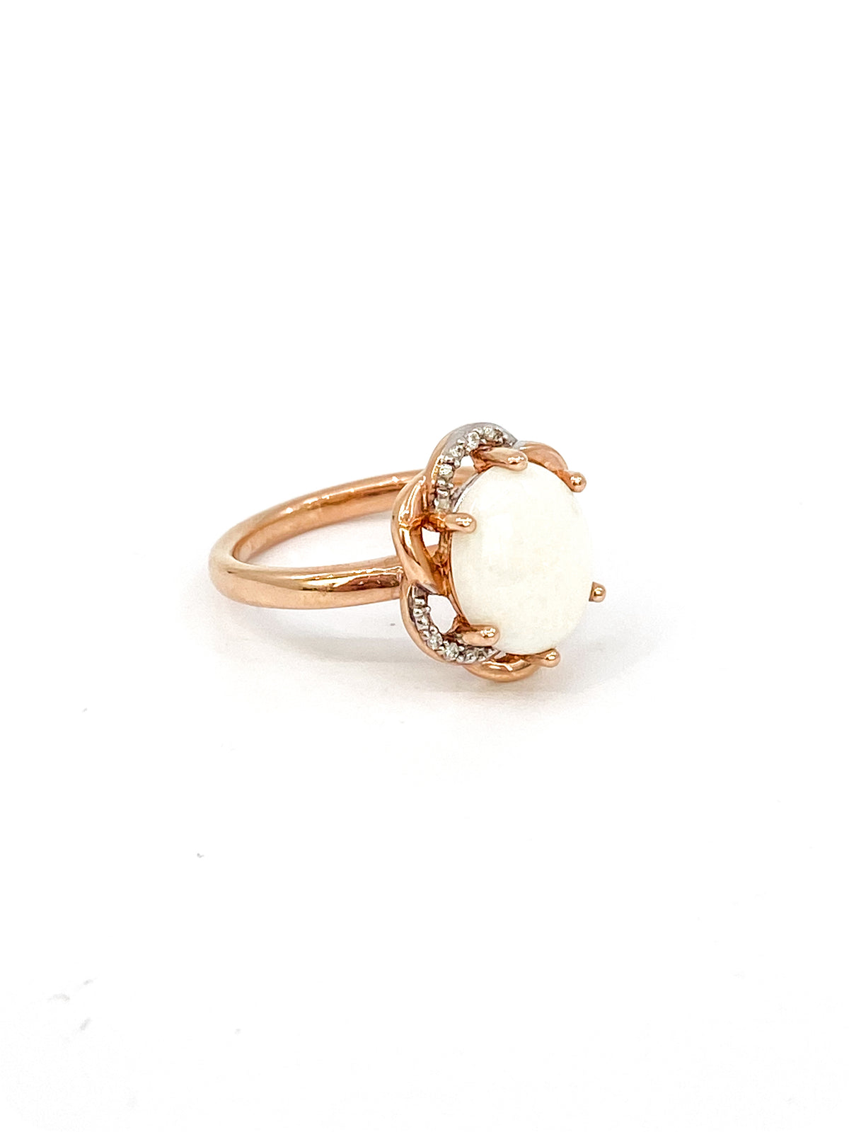 10K Rose Gold 2.0cttw Genuine White Opal and 0.03cttw Diamond Halo Ring, size 6.5