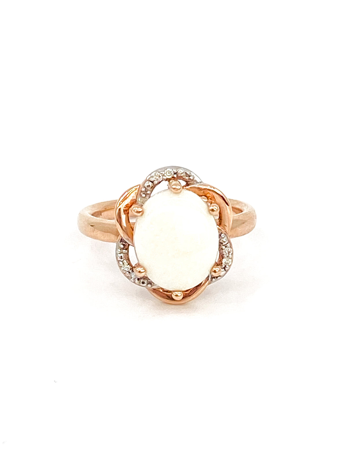 10K Rose Gold 2.0cttw Genuine White Opal and 0.03cttw Diamond Halo Ring, size 6.5