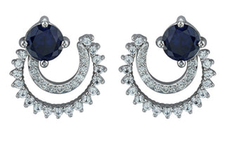 Aretes de diamantes y zafiros blancos creados, zafiro azul creado en oro blanco de 10 quilates