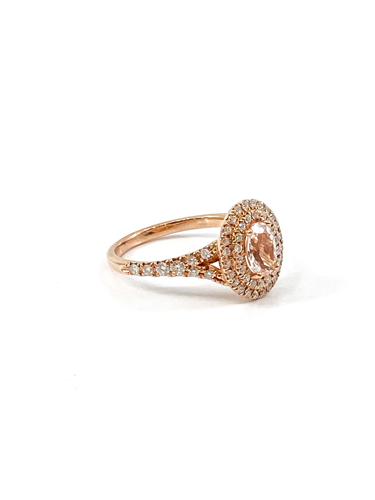 14K Rose Gold 0.75cttw Oval Cut Genuine Morganite &amp; 0.45cttw Diamond Double Halo Ring, size 6.5