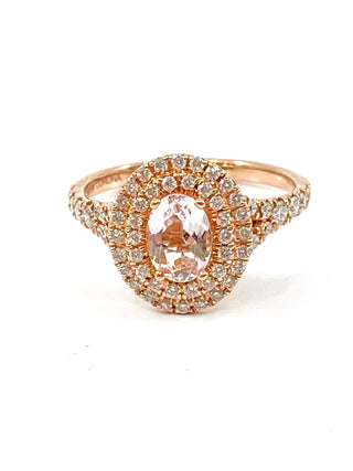 14K Rose Gold 0.75cttw Oval Cut Genuine Morganite & 0.45cttw Diamond Double Halo Ring