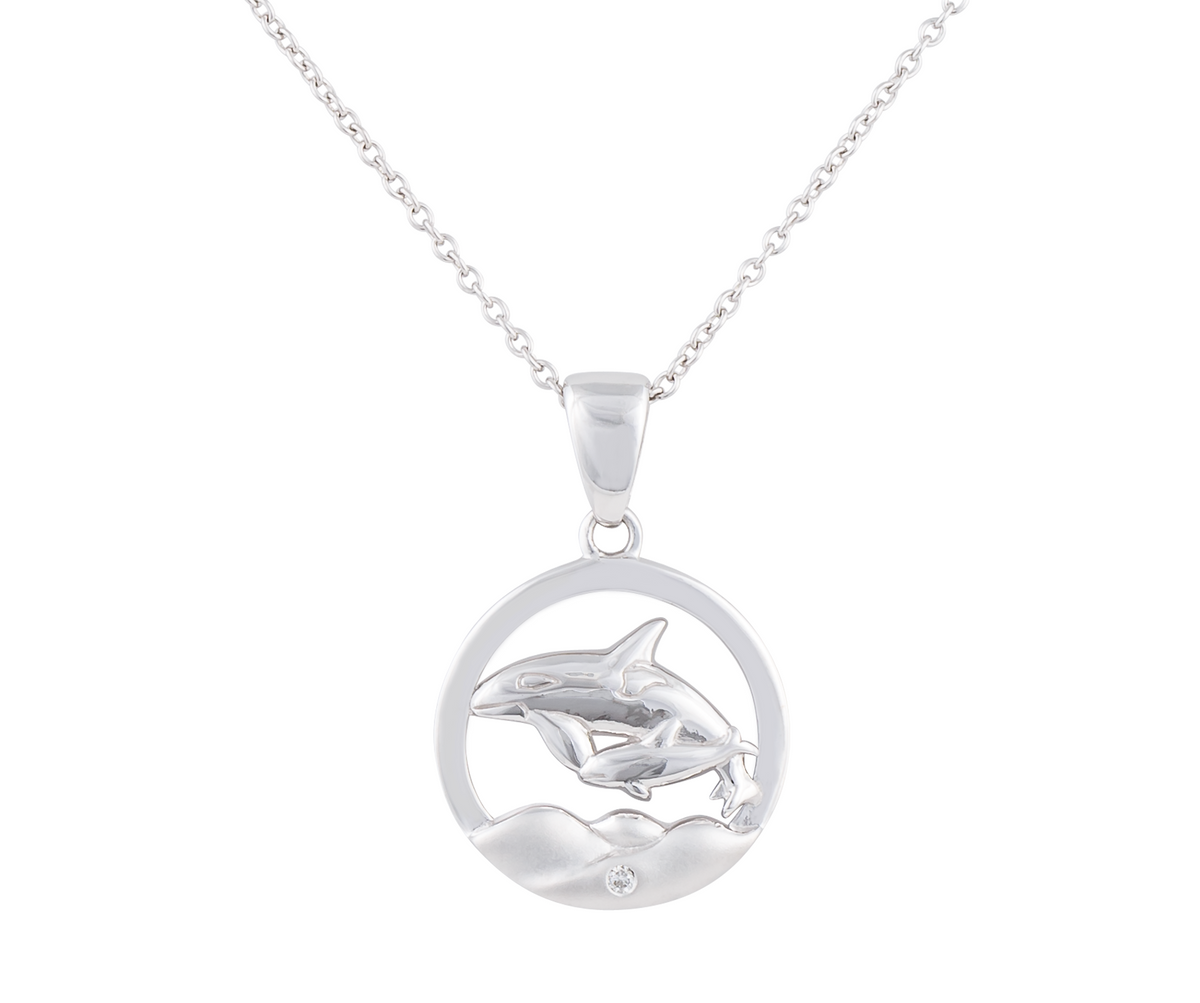 925 Sterling Silver 0.015cttw Canadian Diamond Mother and Baby Orca Whale Pendant