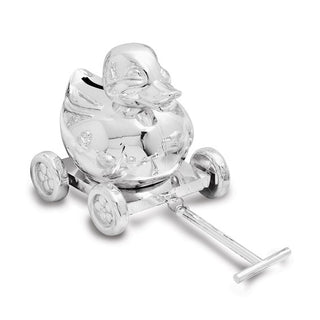 Silver duckling in a carriage on a white background
