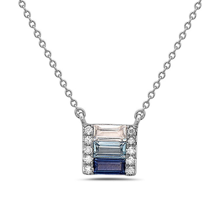 14K White Gold Blue Sapphire, Blue Topaz and White Topaz and Diamond Necklace, 18&quot;
