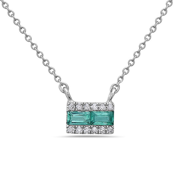 14K White Gold Emerald and Diamond Necklace, 18&quot;