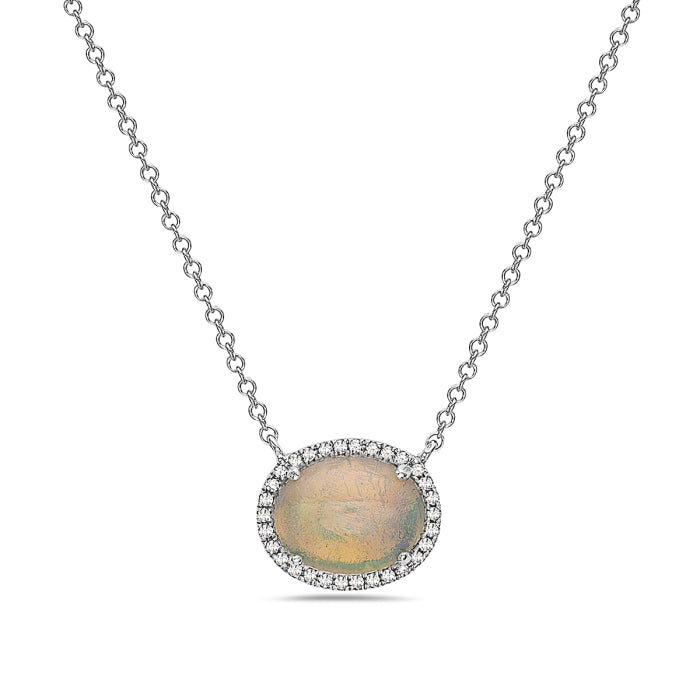 14K White Gold 1.02cttw Opal and 0.07cttw Diamond Halo Necklace, 18 Inches