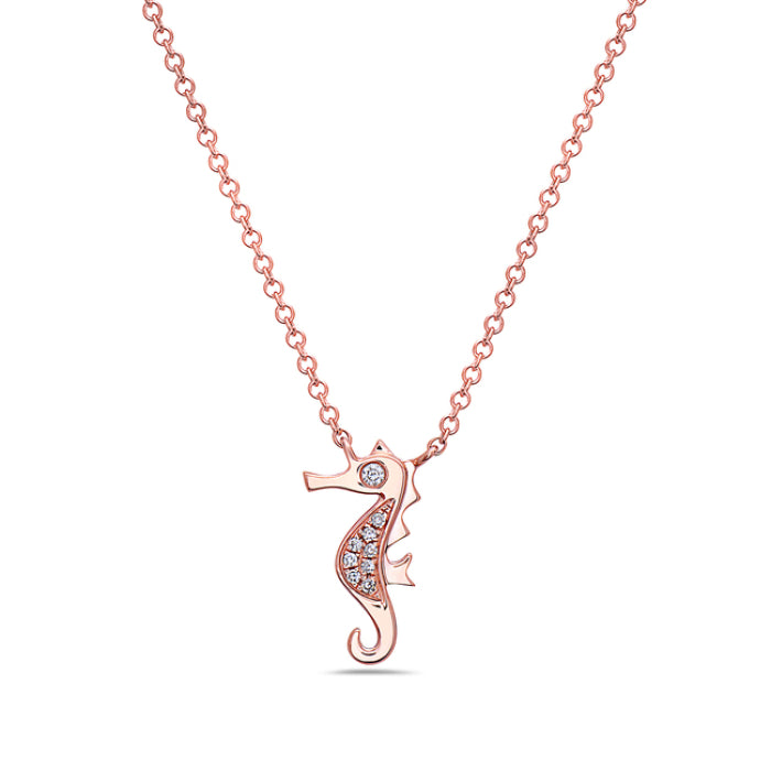 14K Rose Gold 0.03cttw Diamond Seahorse Pendant, 18&quot;