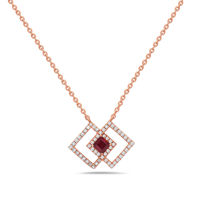 14K Rose Gold Ruby and Diamond Necklace, 18&quot;