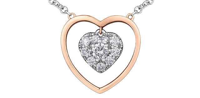 Colgante de doble corazón con diamantes de 0,20 quilates en oro blanco y rosa de 10 quilates, 18&quot;
