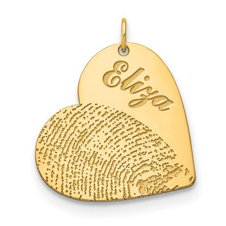 Gold heart-shaped pendant with fingerprint engraving and 'Eliza' engraving on a white background
