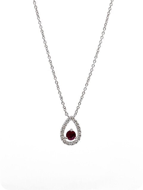 14K White Gold 0.23cttw Genuine Ruby with 0.13cttw Diamond Necklace - 16 Inches