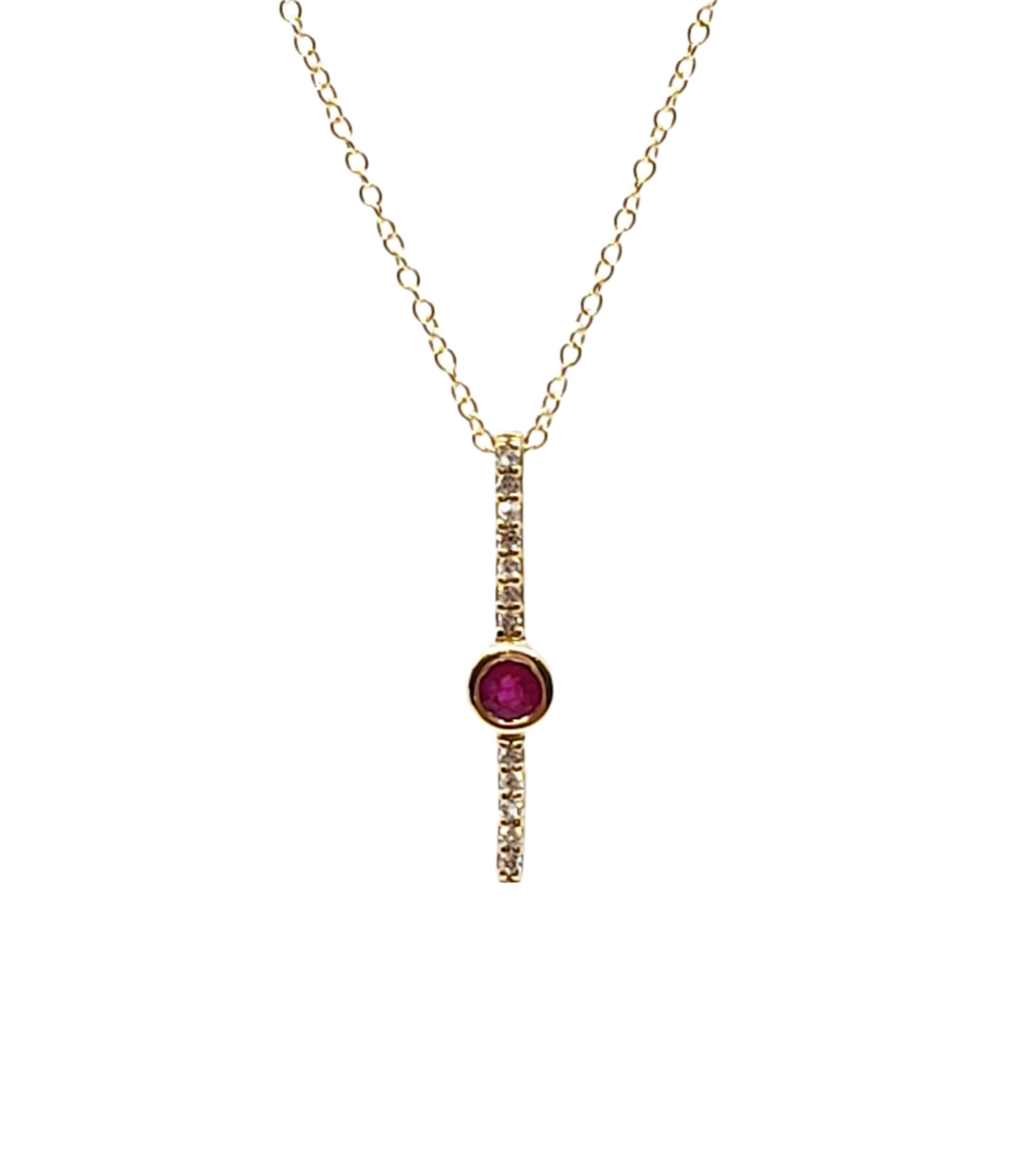 10K Yellow Gold 0.08cttw (2.5mm) Ruby and 0.05cttw Diamond Necklace with Cable Chain (Spring Clasp) - Adjustable 17 - 18 Inches